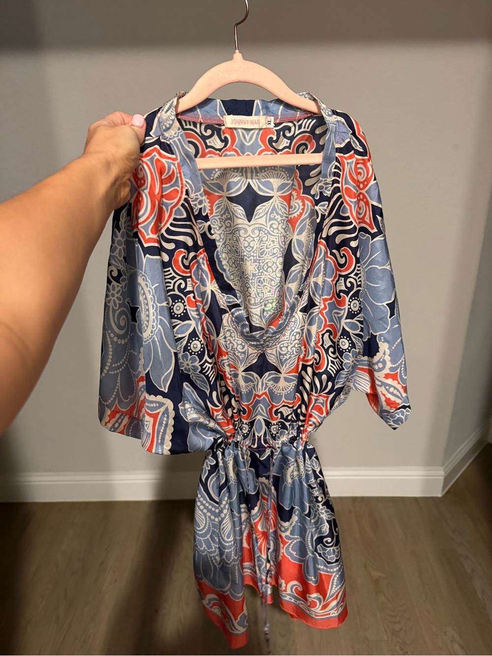 Johnny Was Navy Blue, Light Blue & Coral Printed Blouse